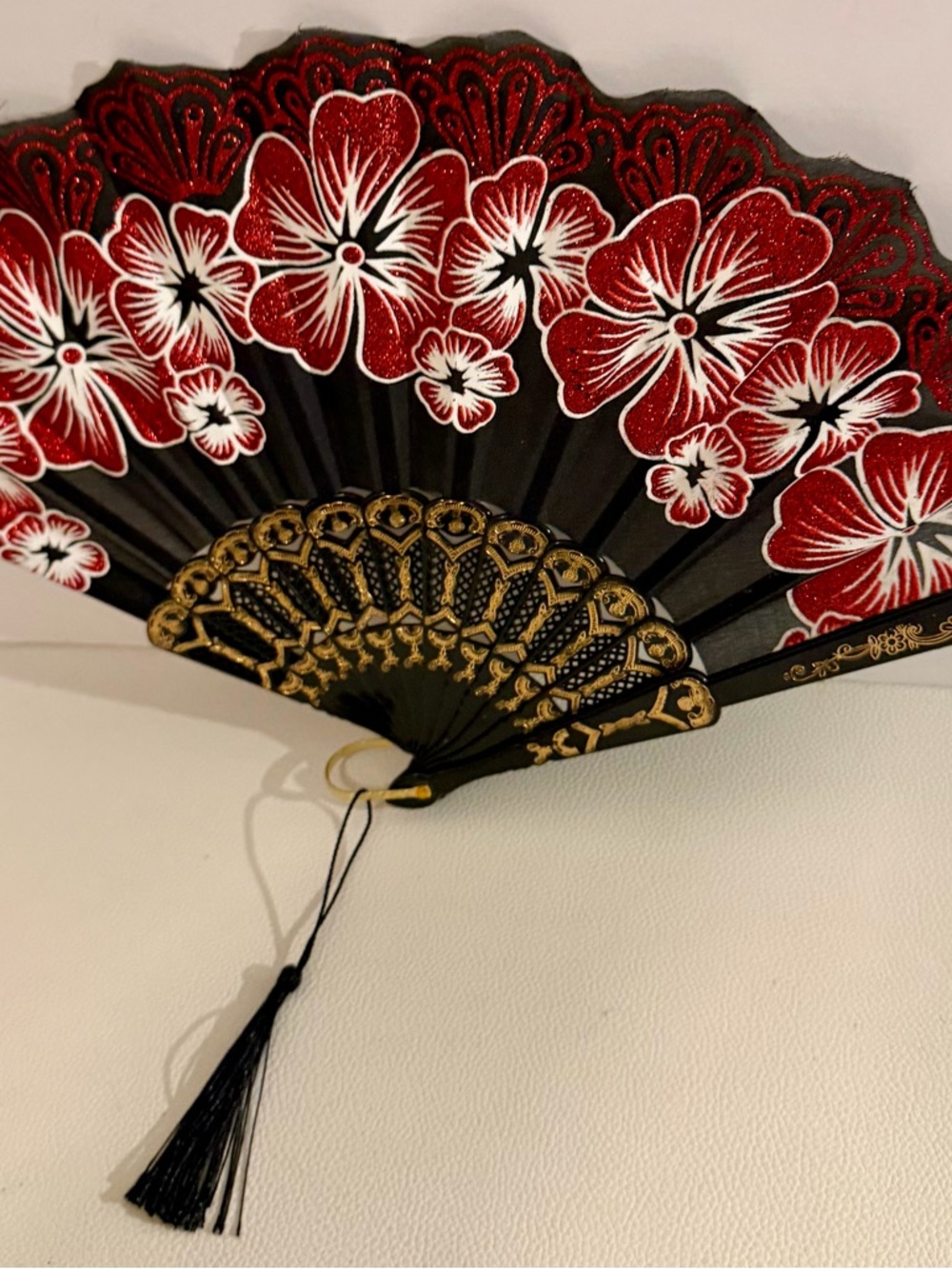 Black Red Floral Folding Hand Fan Glitter Lace Tassel Dance Festival Flamenco - Picture 14 of 16